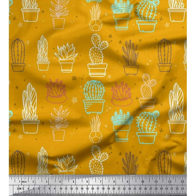 Soimoi Cotton Voile Fabric Cactus Tree Print Sewing Fabric Yard 56 Inch Wide