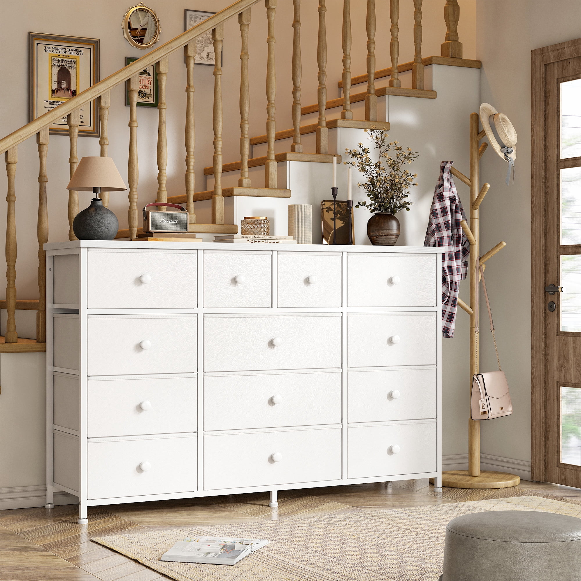 White Dresser for Bedroom TV Stand with 13 Drawers for for 55" TV, Fabric Wide Dresser for Living Room