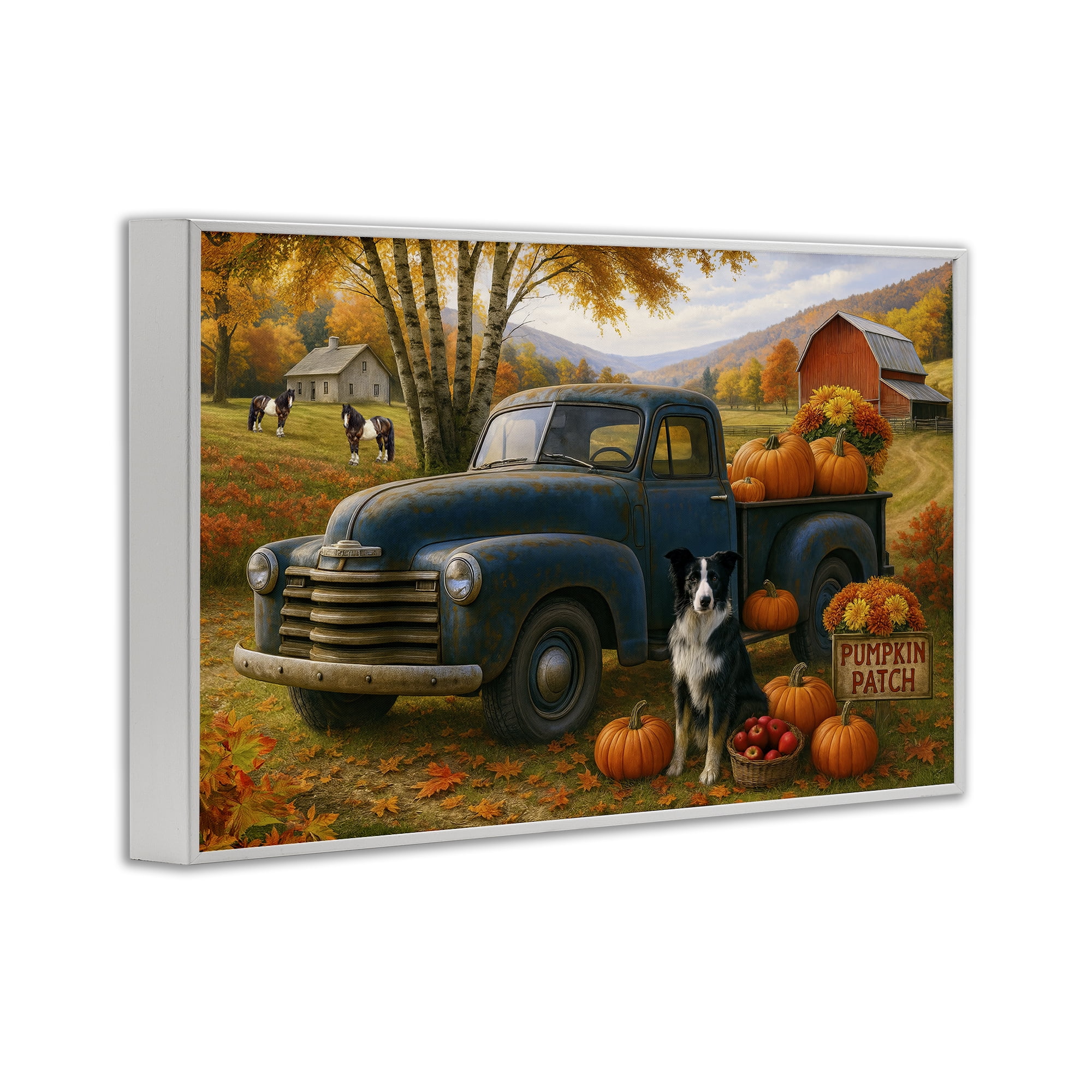 Autumnal Farmland Collie Dog White Framed Giclee Art, design by Tom Crehan