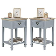 Wnutrees Rustic Farmhouse Accent End Table, Nightstand Side Tables with Drawers and Open Storage Shelf for Living Room Bedroom, Wooden Top, Handcrafted Finish, Set of 2, Grey?