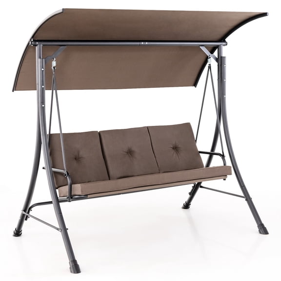 3-Seat Porch Swing with Adjustable Canopy Thickened Cushions Metal Frame For Garden