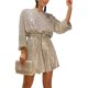thumbnail image 1 of Vestido corto holgado con mangas largas abullonadas y lentejuelas brillantes para mujer con cinturón, 1 of 8