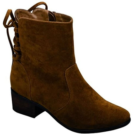 

Breckelles Women Houston-14 Faux Suede Back Lace Up Chunky Heel Tan Boot (TAN 5.5)