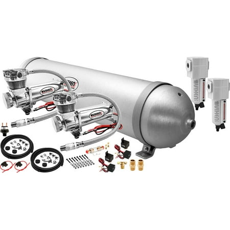 Vixen Air 5 Gallon (18 Liter) Aluminum Tank with Dual 200 PSI Chrome Compressor and Water Traps Onboard System/Kit for Suspension/Train Horn 12V (Best Air Ride Compressor)