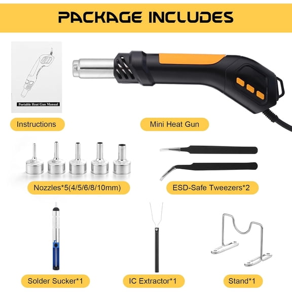 Heat Gun, 700W 212°F~932℉(100°C~500°C) Mini Soldering Heat Gun Hot Air Rework Station with LED Digital Display & 5Pcs Nozzles & 5Pcs Accessories for Crafting Shrink Tubing Electronics (5FT)