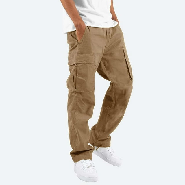 Pantalon Homme Uni Décontracté à Multiples Poches Extérieur Coupe Droite Pantalon D\'entraînement Physique Pantalon Cargo Pantalon
