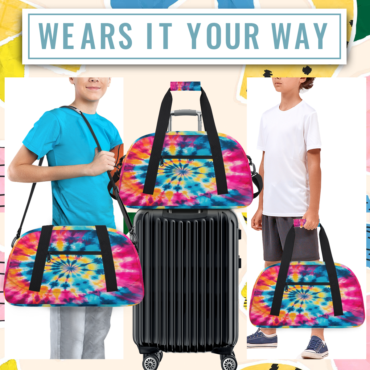 Herdesigns Tie Dye Sports Duffle Bag for Women & Men, Colorful Swirls Gym Bag Dance Bag Overnight Bag Carry On Weekender Travel Bag