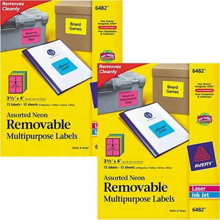 Removable Id Labels - (2 Pack) Avery High-Visibility Removable ID Labels, Laser/Inkjet, 3 1/3 x 4, Asst. Neon, 72/PK