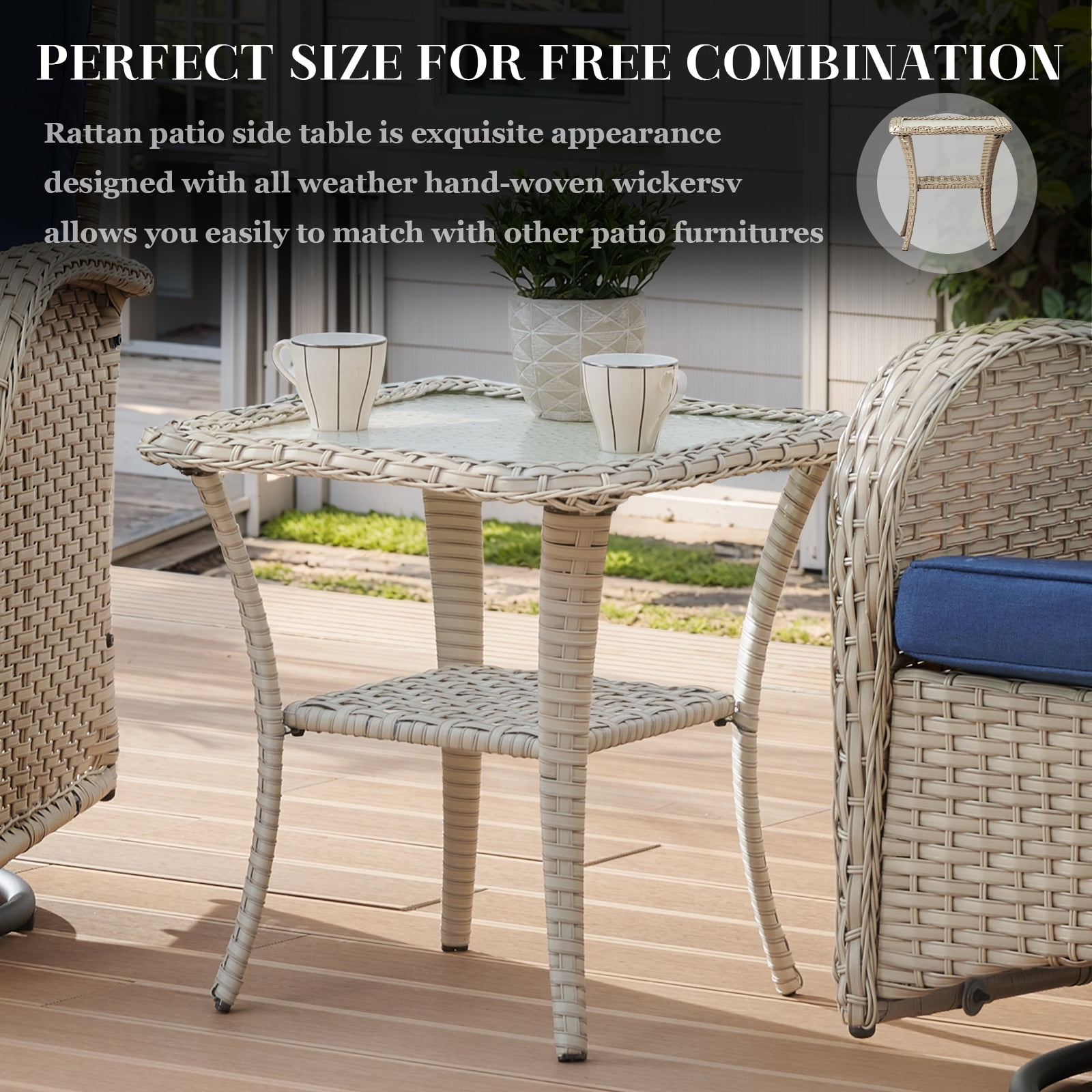 PARKWELL 3 Pieces Outdoor Swivel Gliders Rocker Set,High Back Wicker Patio Chairs with Side Table,Light Gray Rattan Deep Seating Furniture with Non-Slip Navy Cushion for Porch Deck Backyard