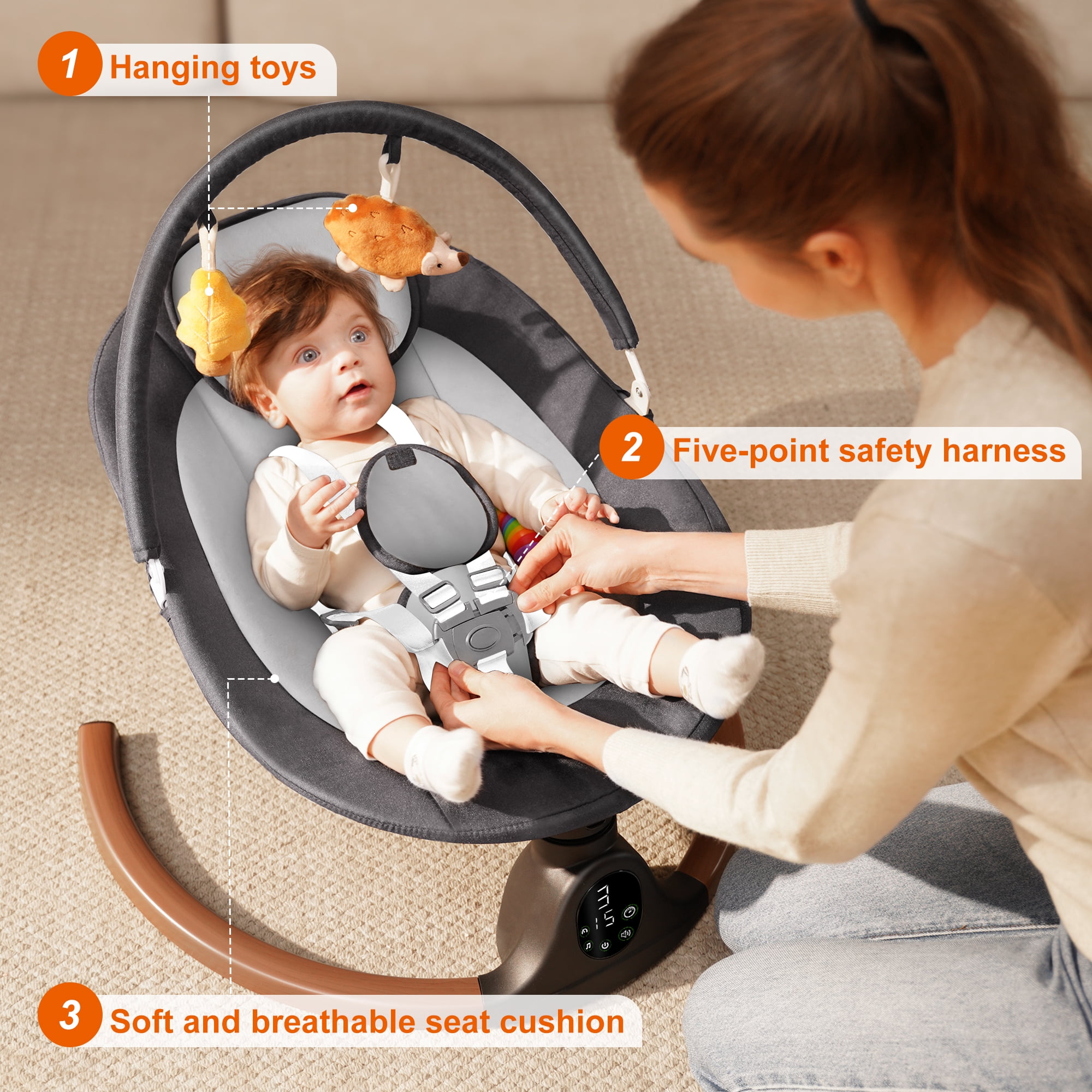 Babyeap Baby Swing for Infants, Electric Swing with 5 Swing Speeds and 10 Lullabies, Gray
