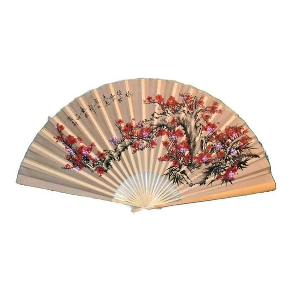 Hand Painted Wall Fan 60x35 - Oriental Blossom Floral Wall Decor - Tannish with Red & Fuchsia Flowers - Bamboo Frame - Asian Inspired Wall Art
