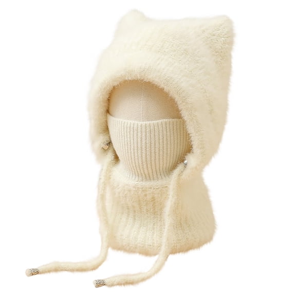 Bear Ears Beanie Hat and Scarf Set for Women, Plush Fleece Lined Windproof Warm Hooded Knit Set, Cute Winter Hat with Neck Cover for Outdoor Activities - Beige