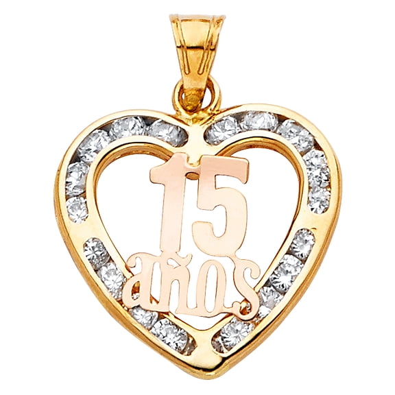 14k Yellow Gold Birthday 15 Years Anos Quinceanera Gift Pendant Clear CZ Charm Jewelry Female