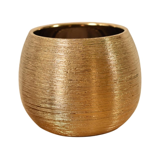 macetas de cerámica modernas soledad macetas pequeñas tazón redondo florero estante interior contenedores de flores Oro maceta redonda de cerámica, vista frontal; acabado cepillado con textura horizontal visible, borde interior brillante y boca redondeada. Para decoración de interior en escritorio, repisa o como contenedor de objetos pequeños.