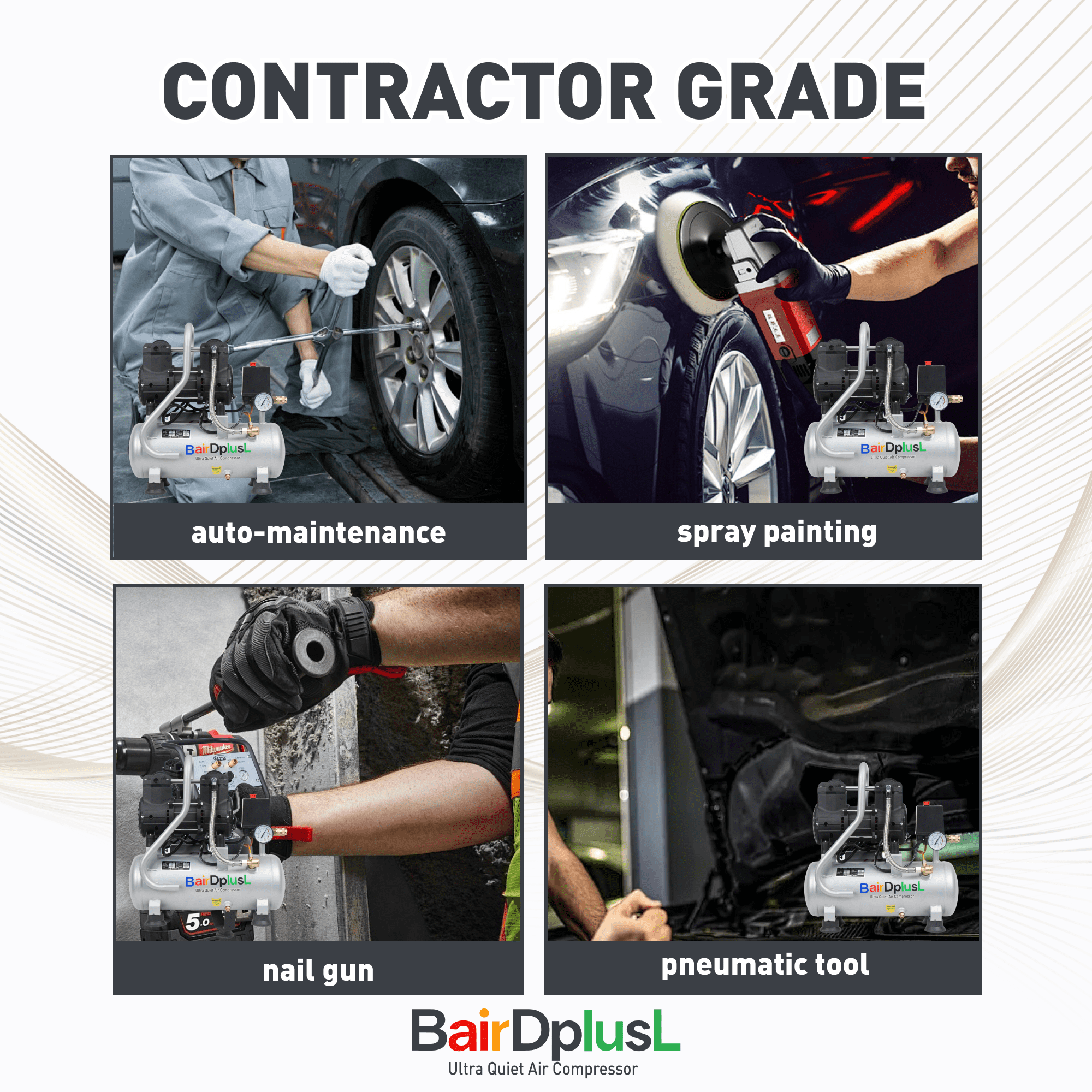 3.2 Gallon Ultra Quiet Air Compressor 110V/60Hz 1.5HP 8.8CFM, MAX 115PSI Steel Tanks Oil-Free 70dB Noise Level Light & Quiet Portable Air Compressor with Wheels for Auto Repair