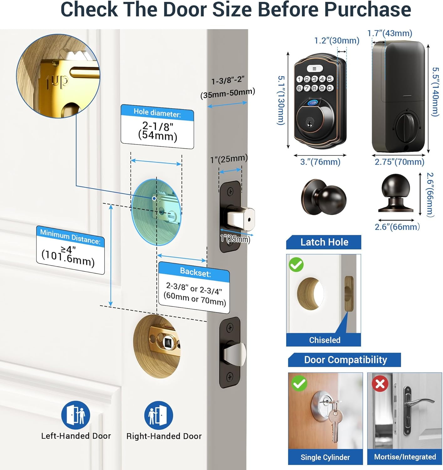 Veise Fingerprint Door Lock with 2 Knobs, Keyless Entry Door Lock with Knob, Electronic Keypad Deadbolt, Waterproof, Easy Installation, Bronze