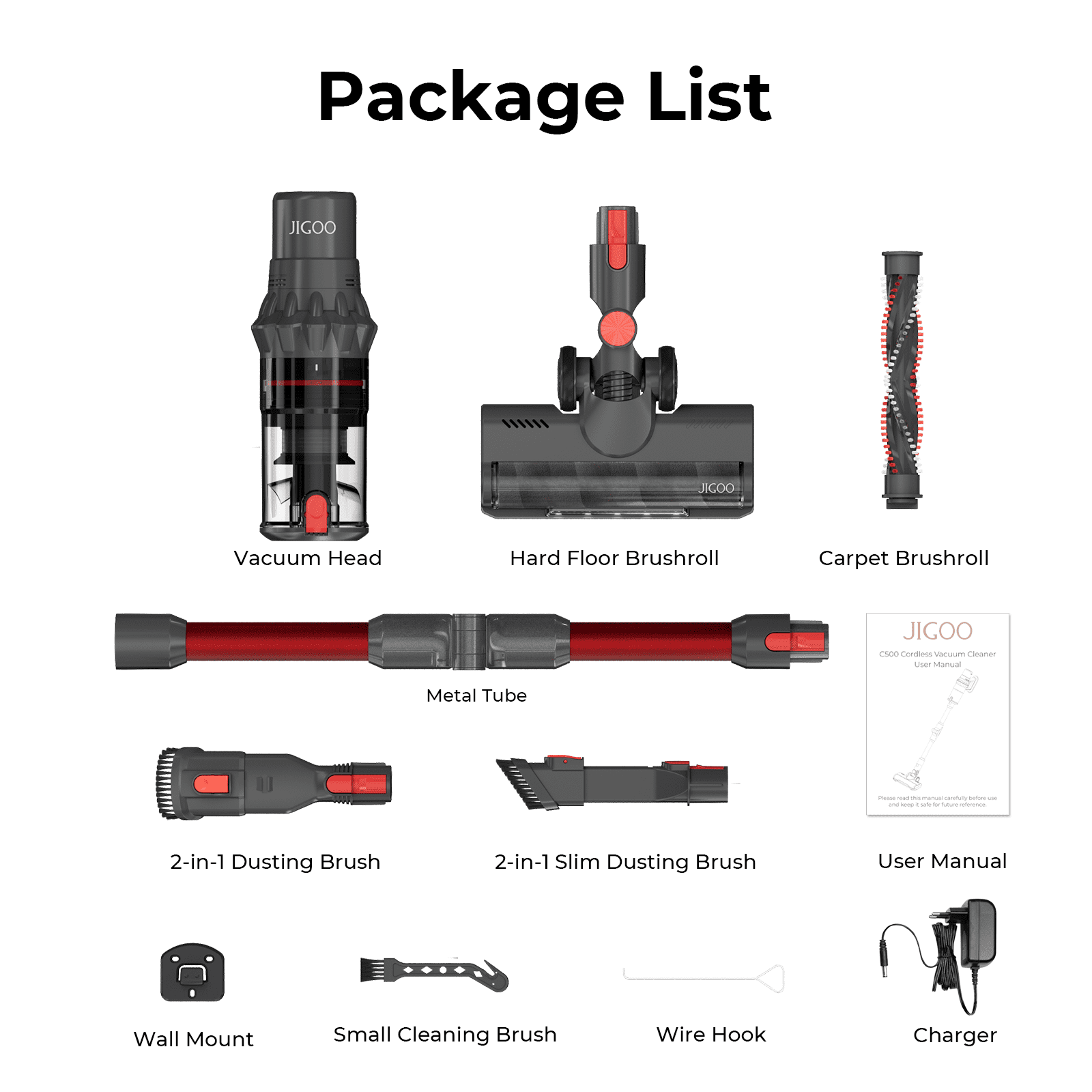 JIGOO Cordless Stick Vacuum Cleaner for Carpet & Hardfloors with 2-In-1 Brushroll, 33KPa Powerful Suction, 60-Minute Runtime, Smart Dust Sensor, LED Touch Screen, Flexible Folding Tube, C500 Red Grey