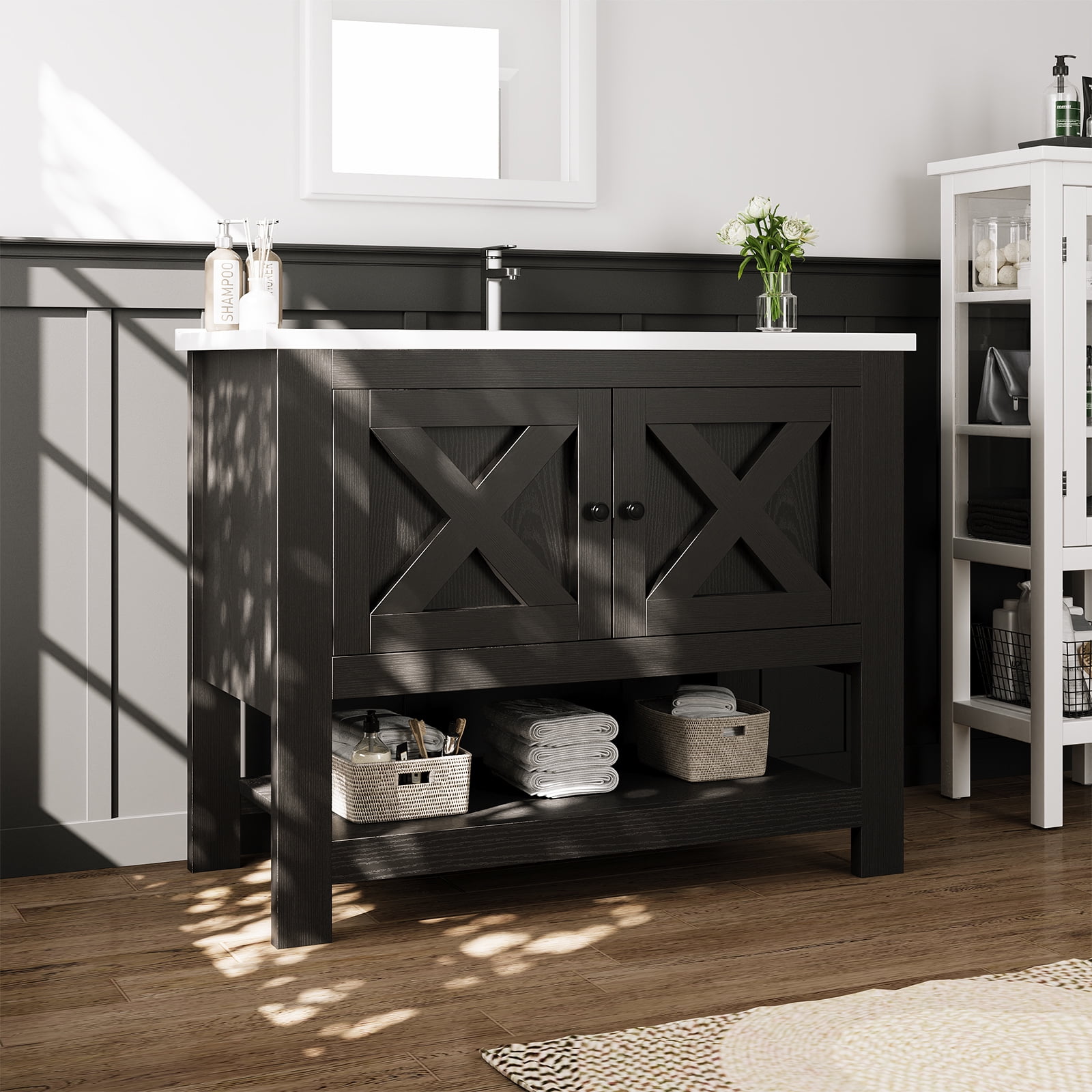 DreamCurship Bathroom Vanity with Sink Combo, 35'' Bathroom Storage Cabinet with Storage, Farmhouse Bathroom Vanity Cabinet with 2 Doors and Open Shelf, Black