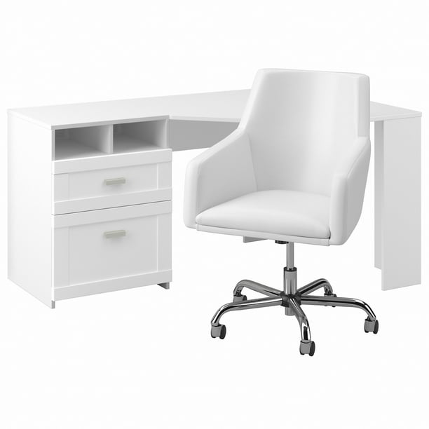 Bush Furniture Wheaton 60W Reversible Corner Desk and Chair Set in Pure White