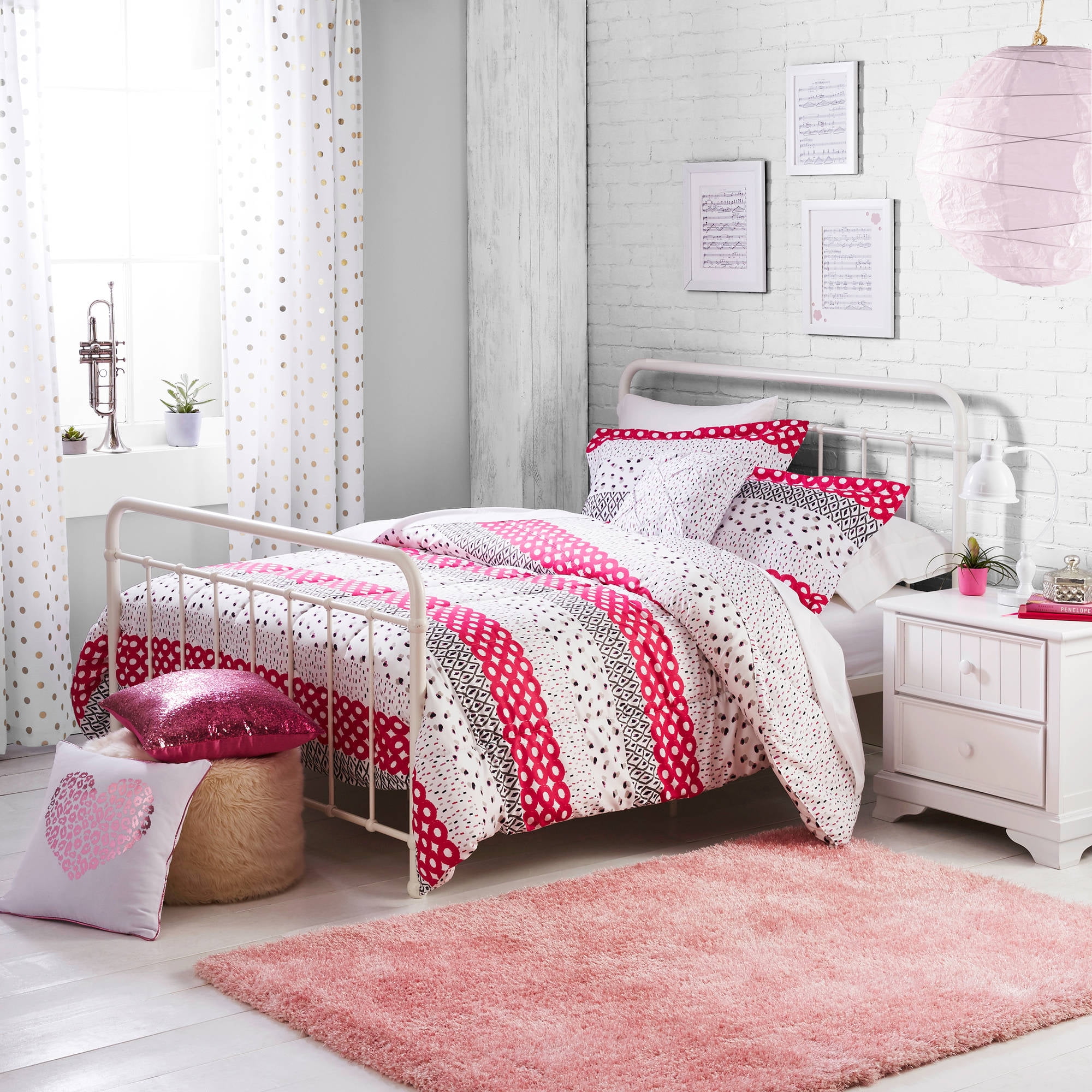 Better Homes and Gardens Kids Pink Dotted Stripes Comforter & Sham Set with  Decorative Pillow