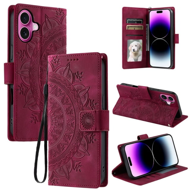 Étui à Rabat pour iPhone 16 Plus, Portefeuille en Cuir PU Premium avec Fleurs en Relief Totem, Porte-Cartes et Support Compatible avec iPhone 16 Plus - Rouge