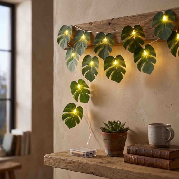 Eolstice Artificial Monstera Leaves Vine Light, Fake Tropical Palm LED Garland, for Hawaiian Luau Party, Patio Wall Tropical Summer Decor