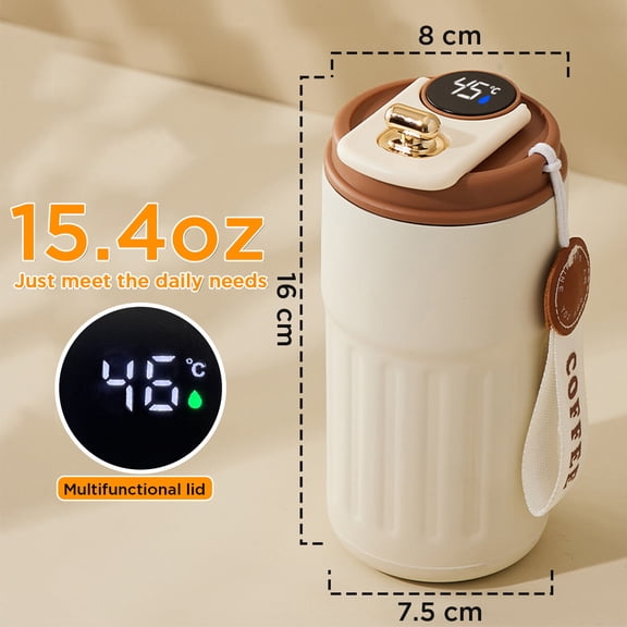 AICase LED Temperature Display Coffee Mug Stainless Steel, Portable Smart Coffee Hot Water Bottles with Leak-Proof Lid Vacuum Insulated Tumbler 15 Oz Coffee Cups(White-Brown)