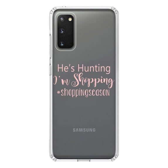 DistinctInk Clear Shockproof Hybrid Case for Galaxy S20 PLUS / 5G (6.7" Screen) - TPU Bumper Acrylic Back Tempered Glass Screen Protector - He's Hunting - I'm Shopping - #shoppingseason