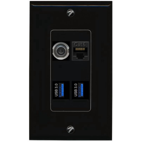 RiteAV 3.5mm CAT6 2 USB-3 Wall Plate Decorative [Black]