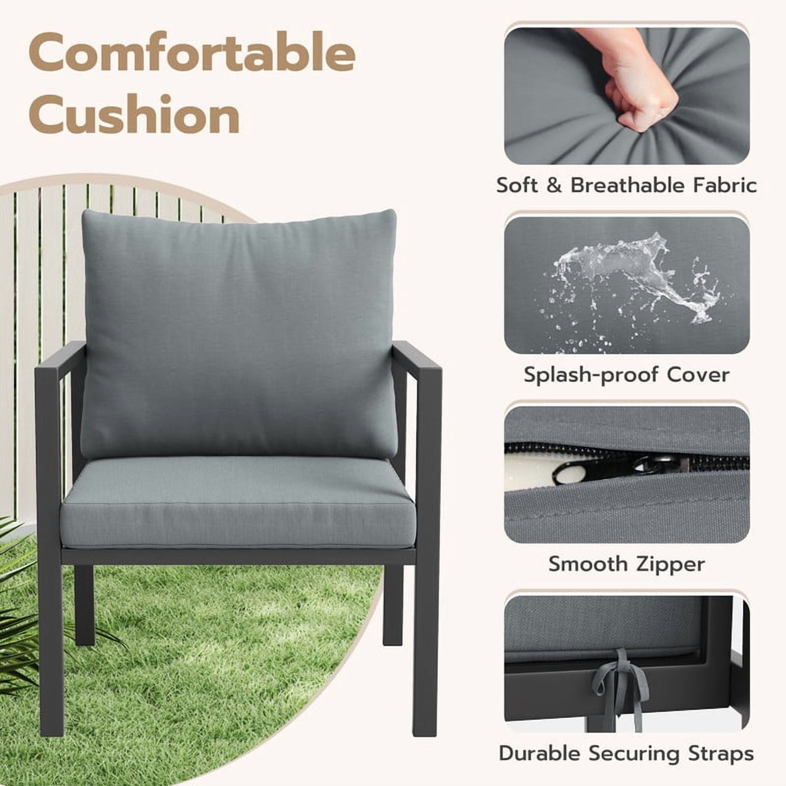 MRUAKA 6-Piece Outdoor Patio Conversation Set, Metal Frame Furniture Sofa with Armchairs & Coffee Table, Weather-Resistant Cushions for Balcony, Deck, Poolside Gray
