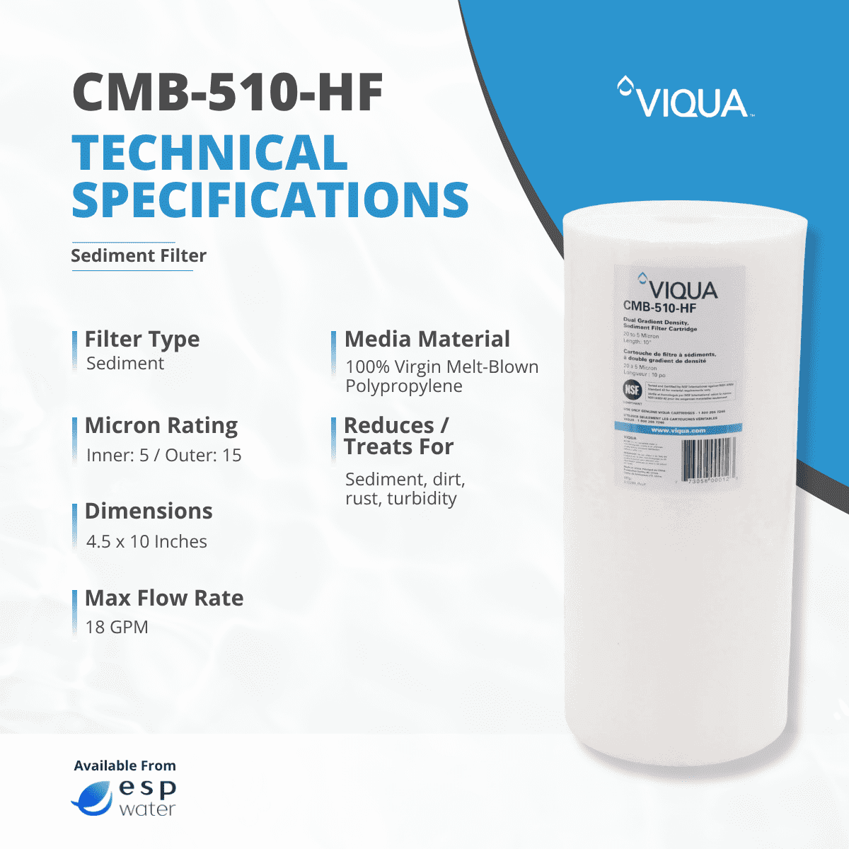 VIQUA CMB-510-HF 5 Micron Carbon Filter, 4.5x10 Big Blue, Pre-Filter for UV Water Purification, Whole House, Chlorine Taste Reduction