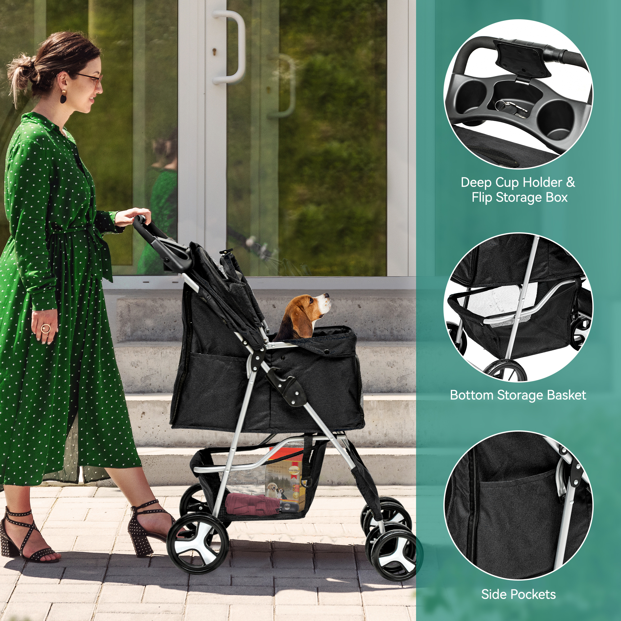 Dextrus 4 Wheels Dog Stroller for Medium Small Dogs, Foldable Pet Stroller with 360° Rotation Wheel, Cat Kitty Puppy Stroller with Storage Basket (Black)
