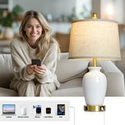 Cinkeda Set of 2 White Ceramic Table Lamps with USB-C & USB-A Ports, 23.5 Ginger Jar Bedside Lamps for Living Room, Bedroom