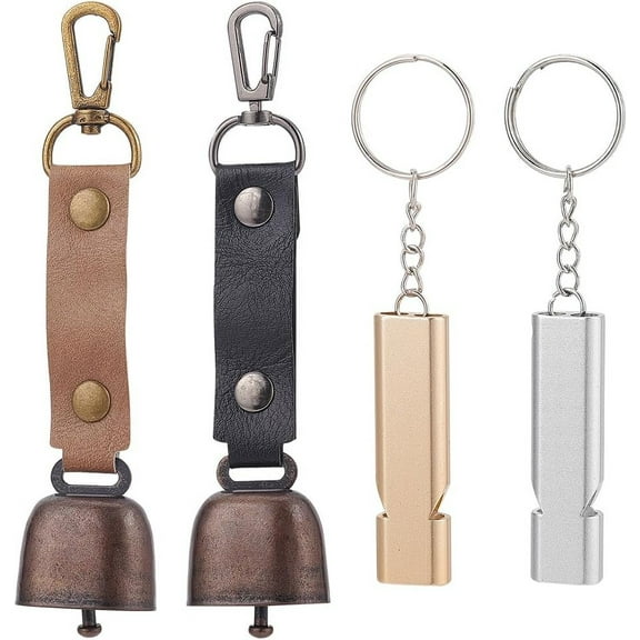2 Pcs Dog Collar Bells with 2 Pcs Double Frequency Whistles Pet Bells Tracker Noise Maker Pendant with PU Leather Strap for Dog Cat Pet Cow Farm Emergency Survival DIYDIY