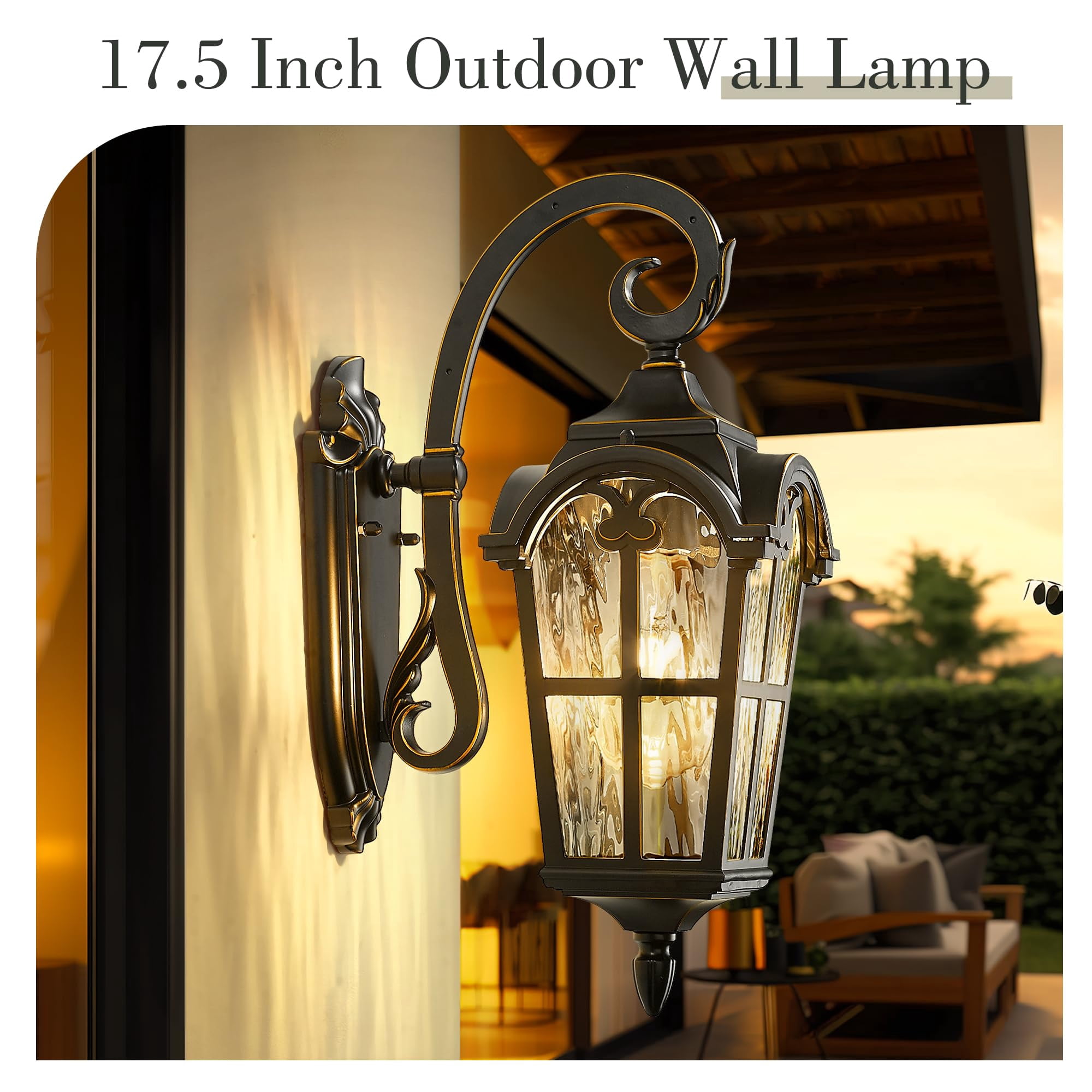 Emliviar Outdoor Light Wall Lantern with Water Ripple Glass, 17.5" Black Finish with Gold Edges, WE215B-SW BG