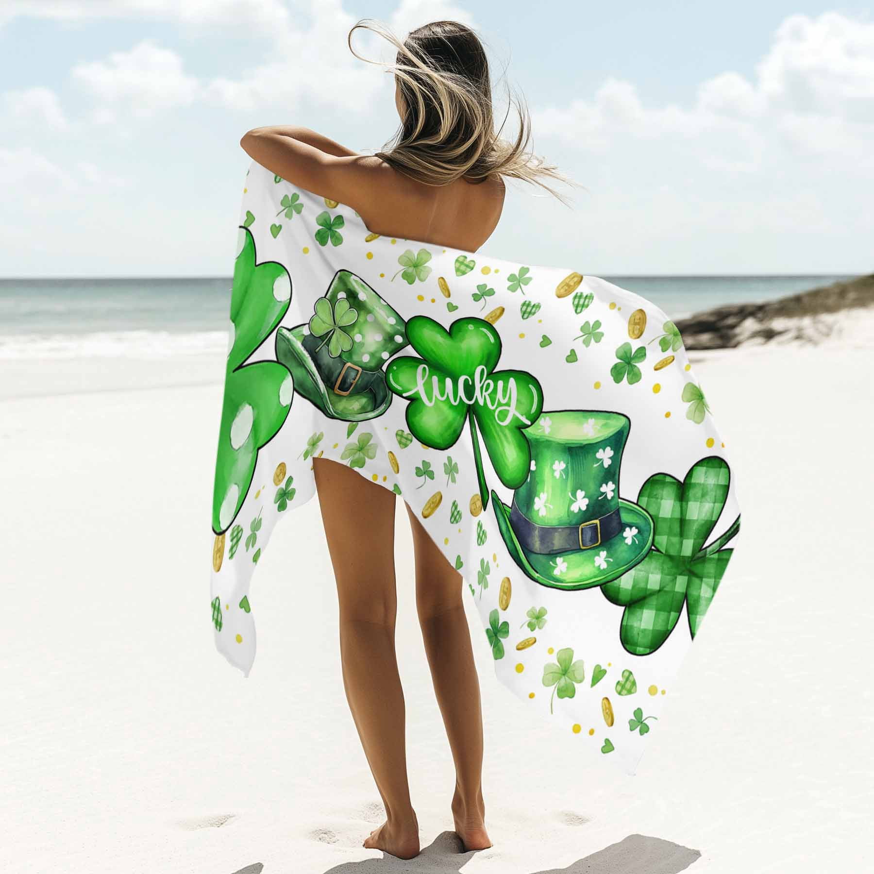 St. Patrick's Day Beach Towels Blanket Soft&Absorbent Quick Dry Microfiber Green Lucky Shamrocks Hat Pool Towels for Swimming ,Yoga, Sports, Gym, Camping,Large 35X70in, Gold Coin