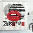 thumbnail image 1 of Kiss Me Shower Curtain, Valentine's Day Typography Grunge Background Halftone and Stripes, Fabric Bathroom Set with Hooks, 69W X 84L Inches Extra Long, Vermilion Black Off White, by Ambesonne, 1 of 3