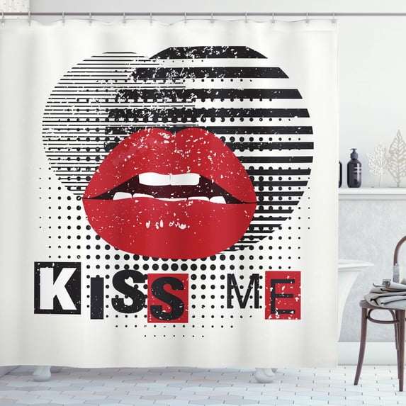 Kiss Me Shower Curtain, Valentine's Day Typography Grunge Background Halftone and Stripes, Fabric Bathroom Set with Hooks, 69W X 84L Inches Extra Long, Vermilion Black Off White, by Ambesonne