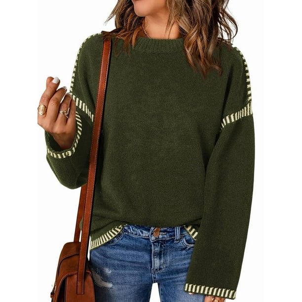 Suéteres para Mujer, Cuello Redondo Liso, Corte Holgado, Larga, Punto en Contraste, Jersey, Tops Verde L