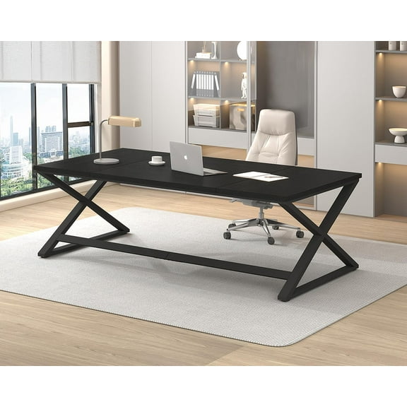 IBF Large Black Computer Desk, 70.8” Long Writing Desk for Home Office, Modern Simple Executive Work Study Desk for Two Person, Wood Double PC Gaming Workstation Computer Table for Bedroom, Black Oak