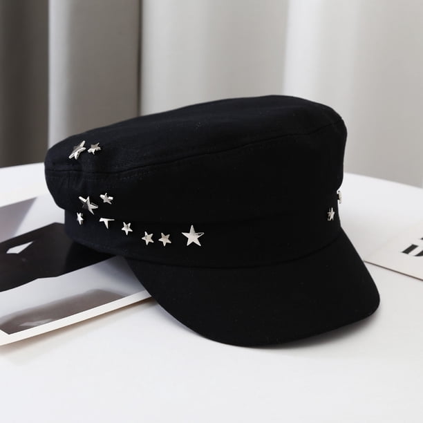 Boina japonesa con forma de estrella para primavera y otoño, moderna, de color blanco y negro, con parte superior plana, estilo azul marino, estilo retro británico, octogonal, para mujer