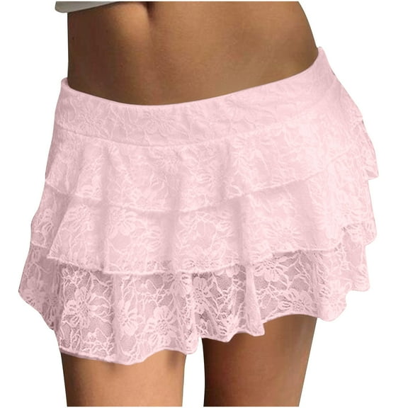REALiKUN Lace Skirts for Women Elastic Low Rise Layered Pleated Mini Skirt Summer Flowy Ruffle Short Skirt Streetwear