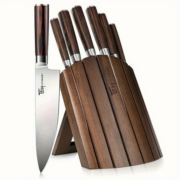 7PCS Japanese Style High Carbon Steel Kitchen Knife Block Set - Ultra Sharp Wood Handle Knives with Collapsible Drawer/Countertop Organizer, Perfect House Warming Gift