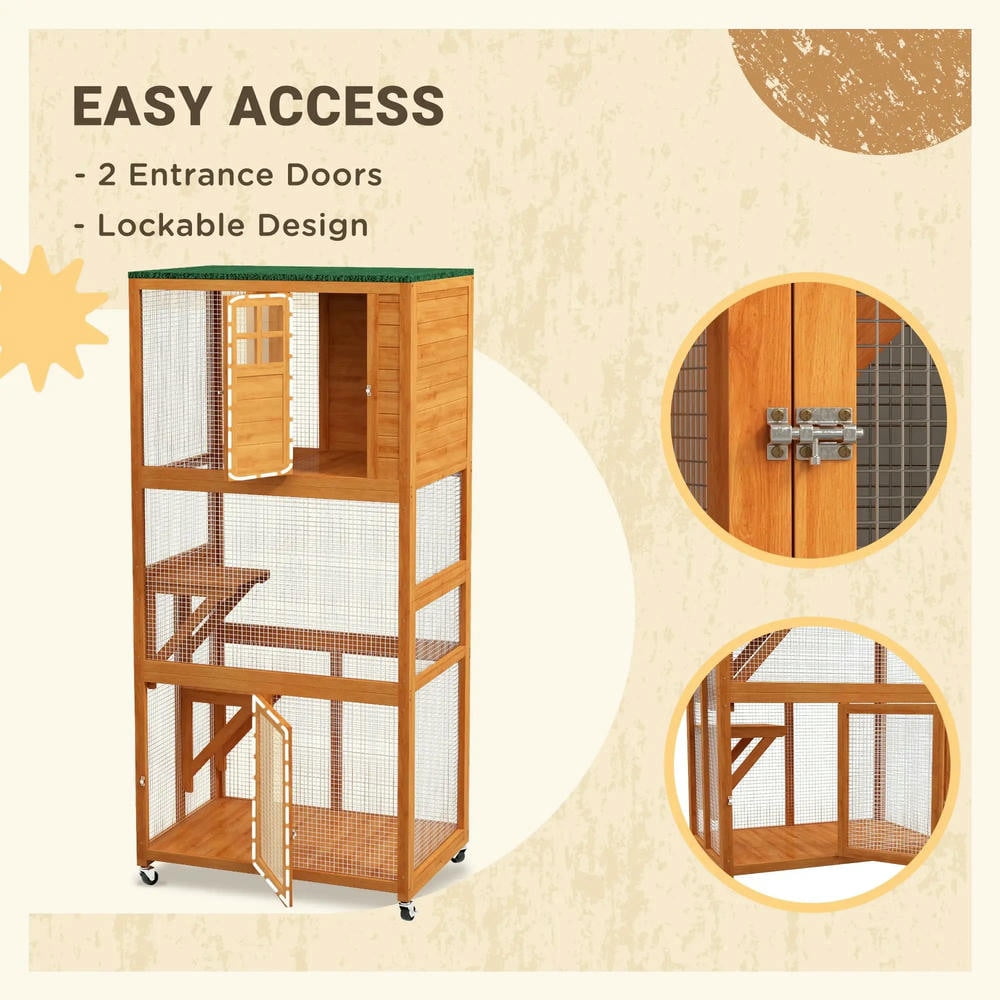 GVN Cat Catio Enclosure, Cat Cage House,74" Wooden Outdoor Cat House Catio Outdoor Cat Enclosure, Orange