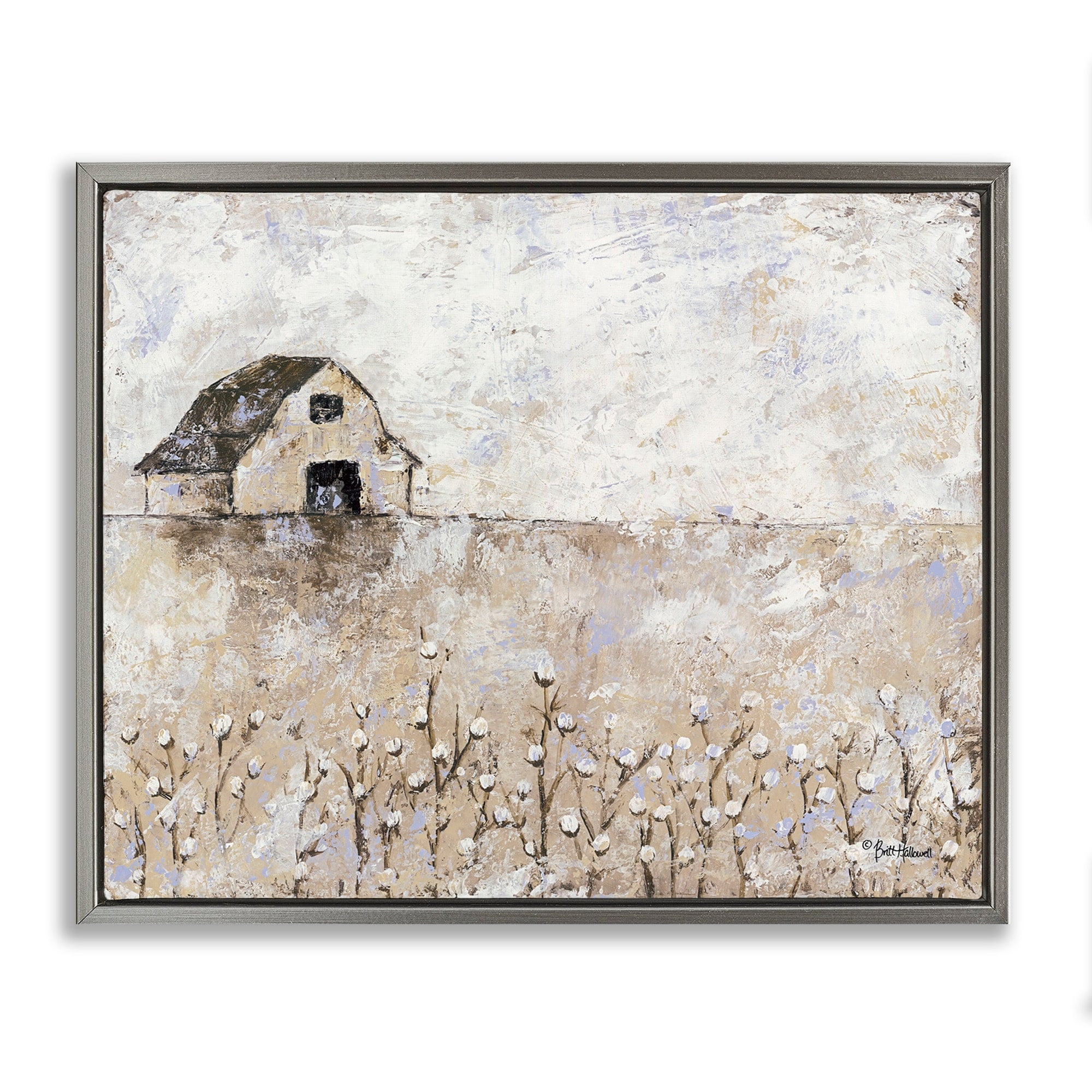 Stupell Industries White Barn Distressed Landscape Cotton Field Florals Luster Gray Framed Floating Canvas Wall Art, 24x30, by Britt Hallowell