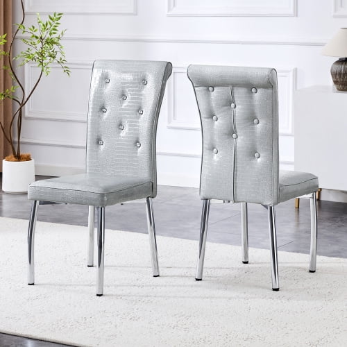 Set of 2 Gray Croc Faux Leather Dining Chairs, Silver Metal Legs with Crystal Button Details for Dining Room Kitchen