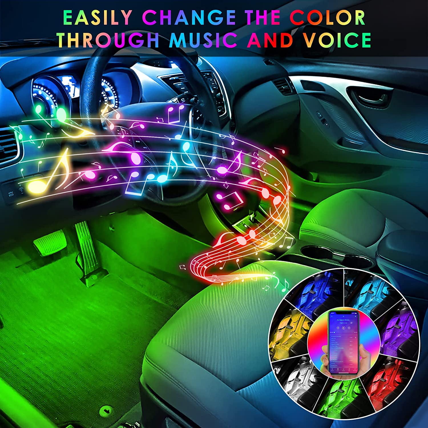 Winzwon Car Led Lights Interior 4 Pcs 48 Led Strip Light for Car with USB  Port APP Control for 