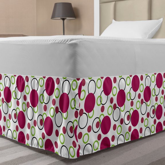 Pink and Green Bed Skirt, Geometric Retro Composition with Circles and Dots Spotty Pattern, Elastic Bedskirt Dust Ruffle Wrap Around for Bedding Decor, 4 Sizes, Dark Pink Green Black, by Ambesonne