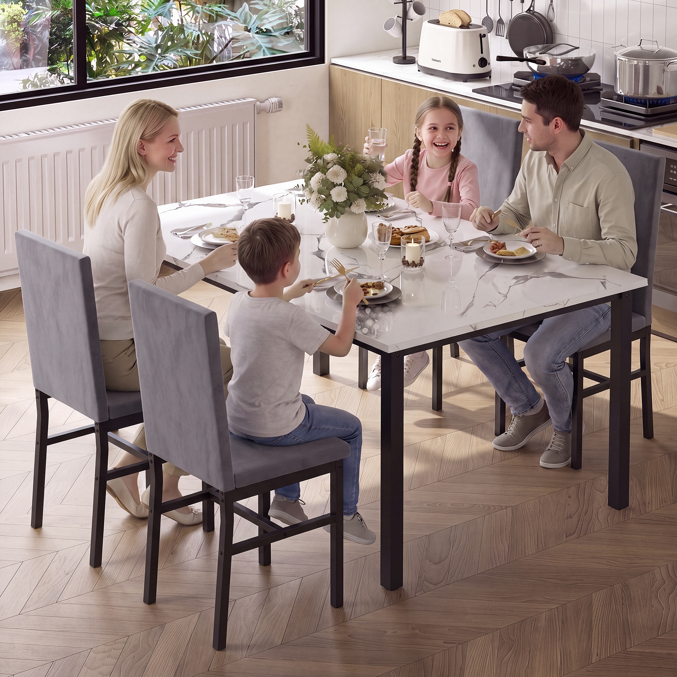 uhomepro 5-Piece Dining Table Set, Faux Marble, Gray Chairs photo 2