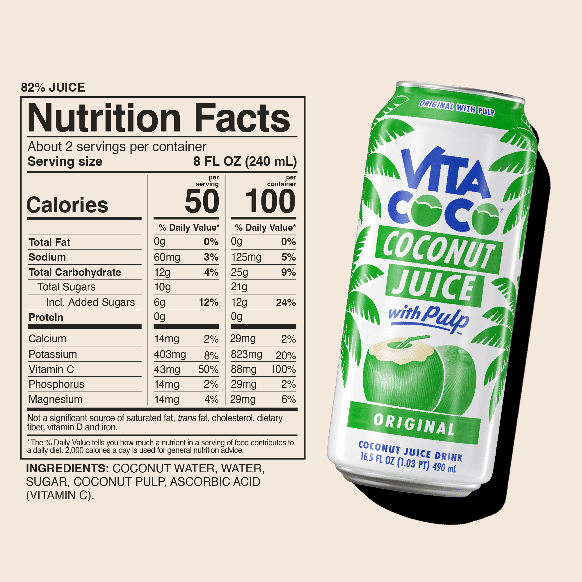 (4 pack) Vita Coco Coconut Juice, Original with Pulp, 16.5 fl oz